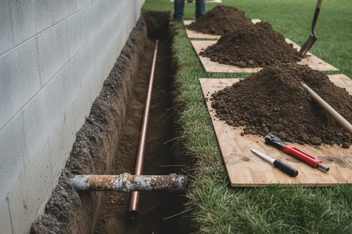 Excavated water line trench during Water Heater Repair in Thorofare